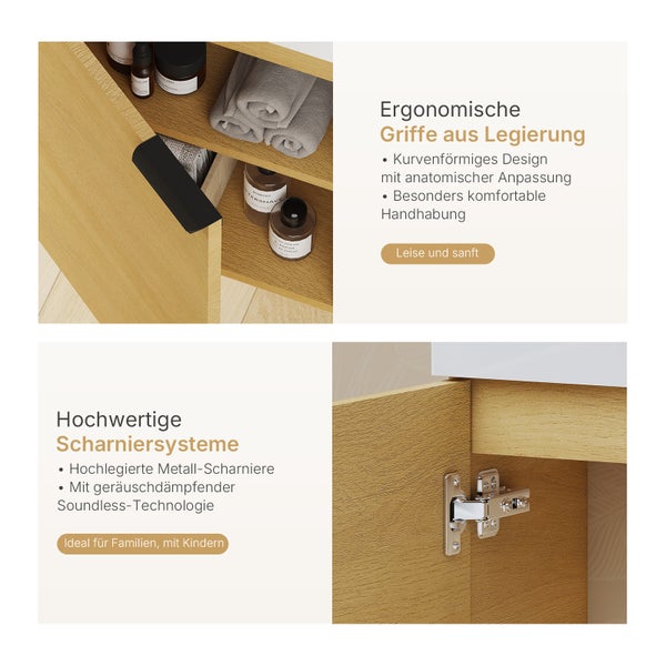 Detailaufnahme eines Waschtisches mit ergonomischen Griffen und hochwertigen Scharniersystemen