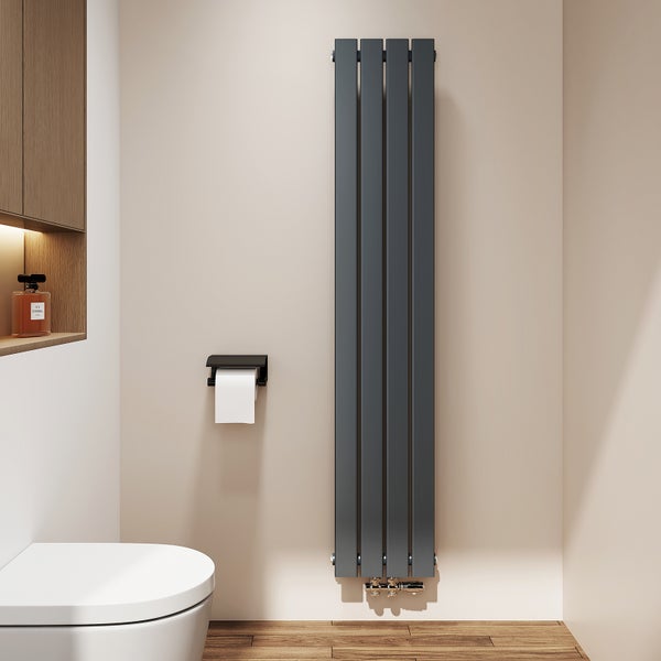 Modernes Badezimmer mit Heizkörper, Toilette und Ablagefach