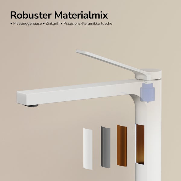 Waschtischarmatur mit Messinggehäuse, Zinkgriff und Präzisions Keramikkartusche in schematischer Darstellung der Materialkomponenten.