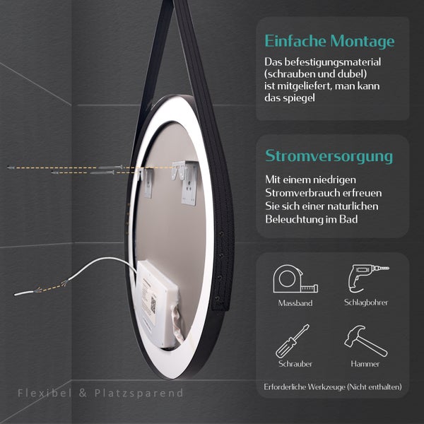 EMKE LED Badspiegel rund Ø70 cm, 3 Farbtemperaturen & Helligkeit einstellbar, Anti-Beschlag, Touch-Schalter, schwarzer Rahmen mit Deko-Aufhängung, IP44, zur Wandmontage, für das Badezimmer geeignet