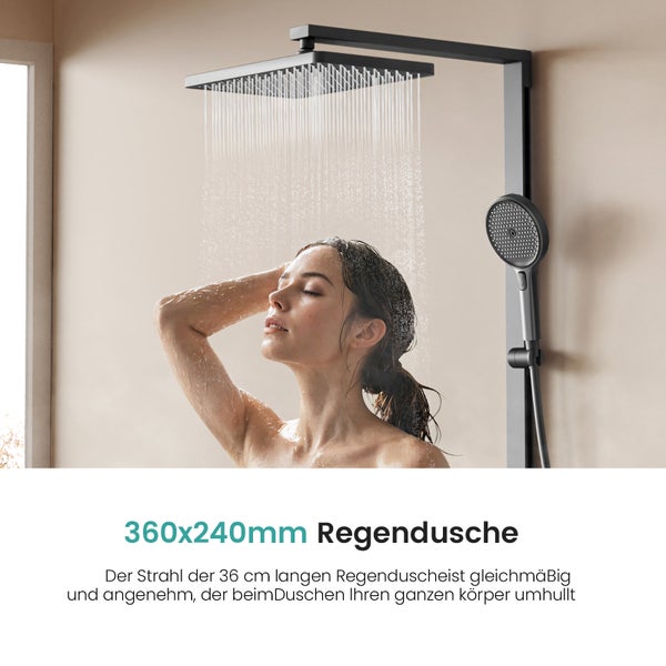 EMKE Duschsystem mit Thermostat, Duschsäule mit 40 cm thermostatischer Glasplatte, höhenverstellbarer Brausestange, Handbrause mit 4 Strahlarten & Wasserauslass, Anthrazit Matt