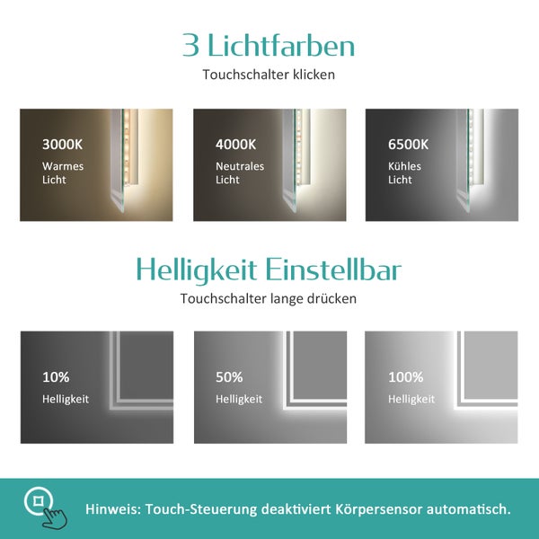 EMKE Badspiegel mit Beleuchtung 70 x 50 cm, Touch- & Sensorschalter, Anti-Beschlag, dimmbar, Warmweiß/Neutralweiß/Kaltweiß, 51 W, Aluminiumrahmen Weiß, flexibel montierbar, für Badezimmer