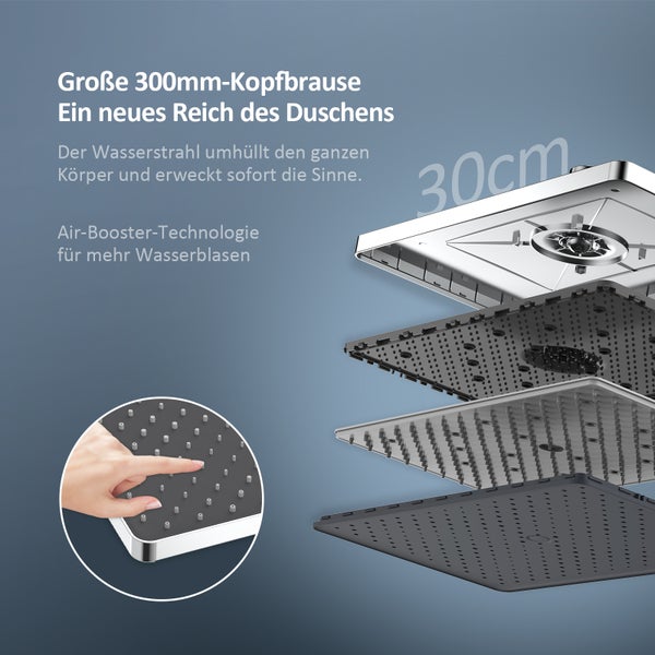 EMKE Duschsystem mit Thermostat, Wasserfall-Überkopfbrause, Handbrause mit 3 Strahlarten, Glasablage, 38 °C Wohlfühltemperatur, KTW-zertifiziert, 1142 x 303 x 460 mm, Chrom