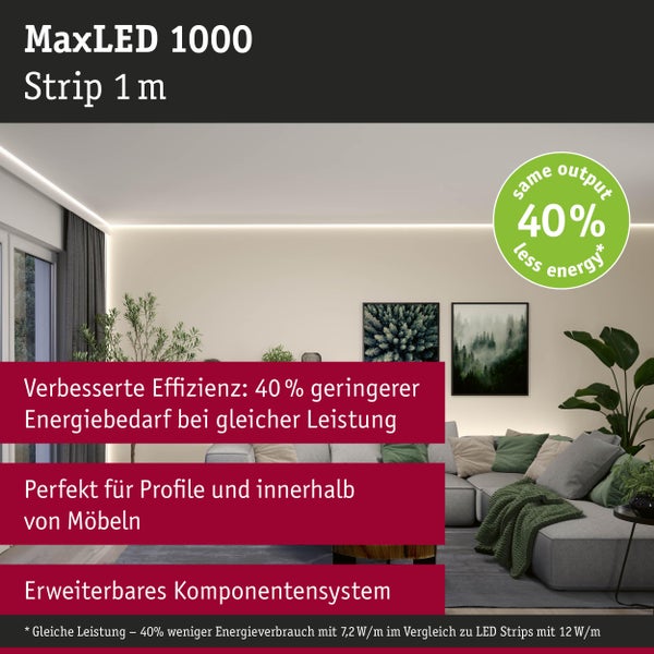 MaxLED 1000 Strip 1 m in einem Wohnraum mit dem Hinweis auf 40 Prozent weniger Energieverbrauch bei gleicher Leistung.