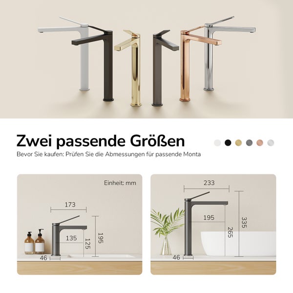 Waschtischarmatur in zwei verschiedenen Größen mit detaillierten Maßangaben in Millimeter und verschiedenen Oberflächen.