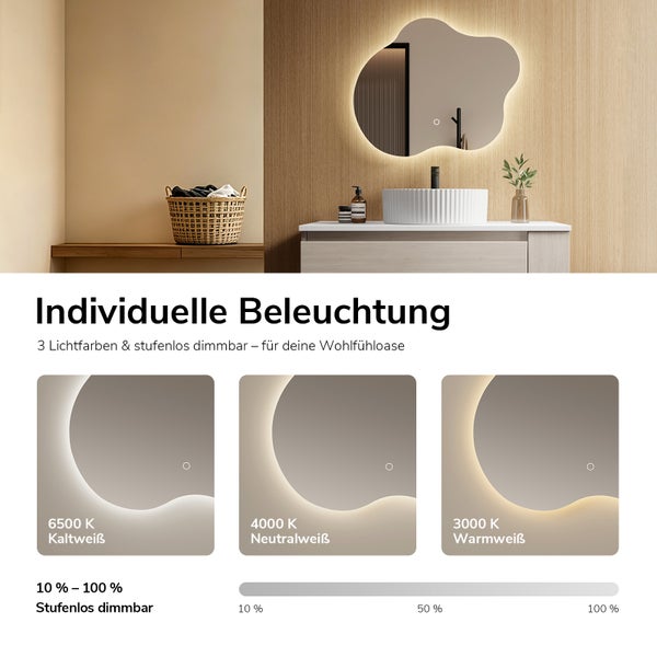 Organisch geformter Badezimmerspiegel mit LED Beleuchtung, einstellbaren Lichtfarben von 3000 bis 6500 Kelvin und stufenloser Dimmfunktion.