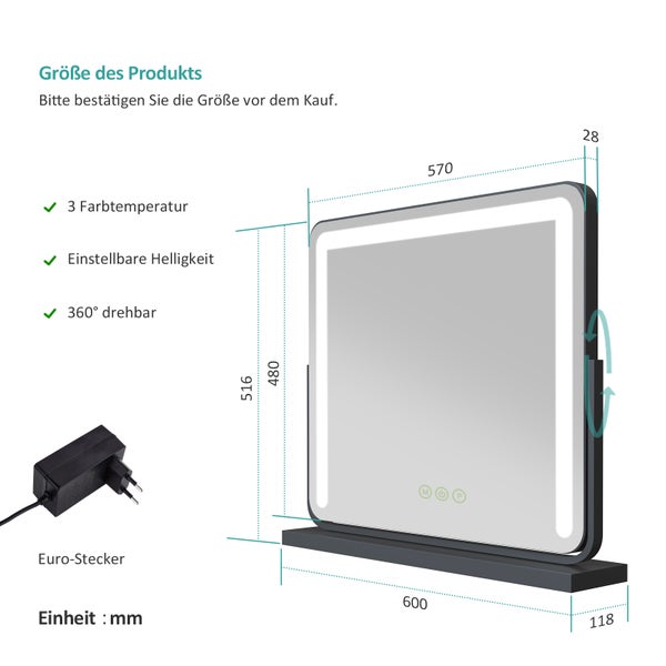 EMKE LED-Kosmetikspiegel, Standmodell mit Touchschalter und Speicherfunktion, dimmbarertischspiegel 60x52cm, Schminktisch-Spiegel 360° drehbar, mit 3 Lichtfarben, netzbetrieben, Schwarz