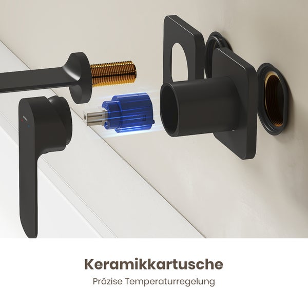 EMKE Wandarmatur, Edelstahl-Waschtischmischer, ergonomischer Einhebelmischer, geräuschreduzierend, Unterputz-Grundkörper,  Keramik-Ventilkern，Schwarz
