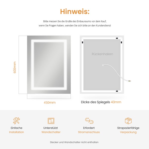 EMKE Badspiegel mit Beleuchtung 60x45 cm, Kaltweiß/Warmweiß, LED-Spiegel mit Kippschalter, Anti-Beschlag, IP44, flexibel montierbar, für Badezimmer