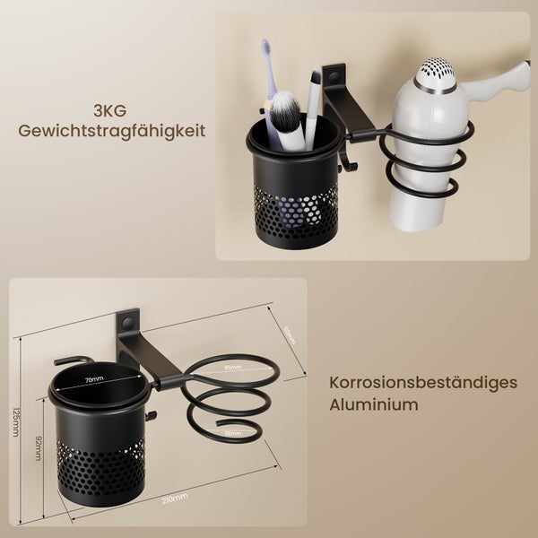 EMKE Wandhalterung mit Eimer & Haken 210 x 92 x 95 mm, Aluminium Ablage für Bad oder Küche, Mattschwarz