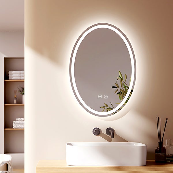 EMKE LED Badspiegel 60x80 cm, Touch-Schalter, 3 Farbtemperaturen einstellbar, Anti-Beschlag, flexible Montage, IP44, ovaler Spiegel, für Badezimmer
