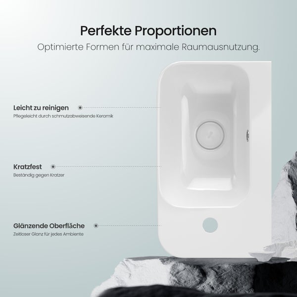 Aufnahme eines weißen Bidet aus Keramik mit Hinweisen zu den Produkteigenschaften.