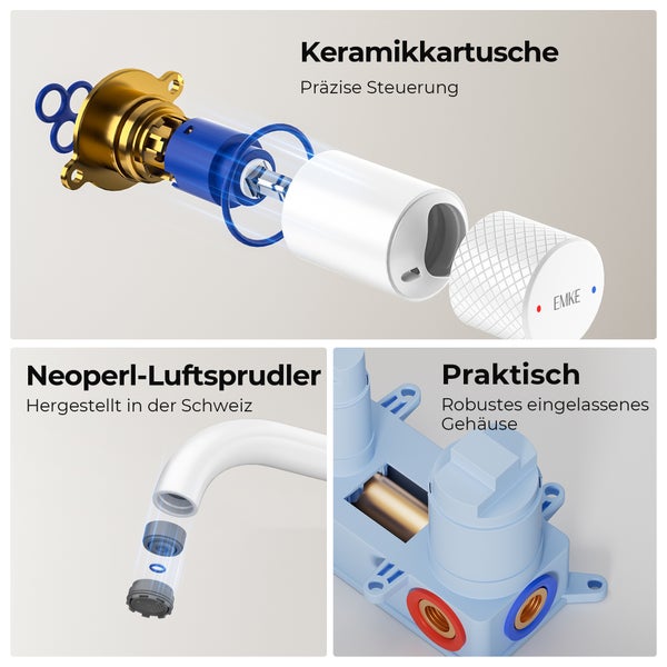 Detailansicht einer Armatur mit Keramikkartusche, Neoperl-Luftsprudler und robustem Gehäuse