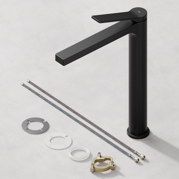 Emke Einhebel-Waschtischarmatur, Badarmaturen, Waschbecken Armatur - Schweizer Design, Minimalistisches Design，3/8 Zoll, Wassersparend, Korrosionsschutz, Warm- & Kaltwasser, Bleifreies Messing, Pflegeleicht -Schwarz matt