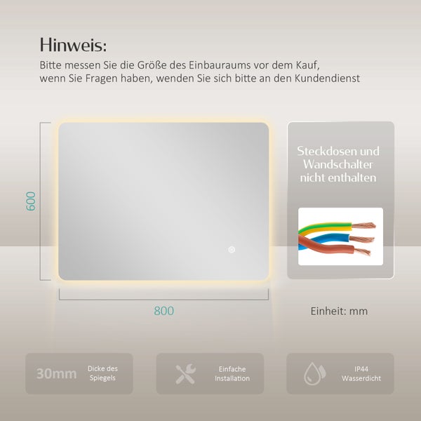 EMKE LED Badspiegel 80x60 cm, Touchschalter, 3 Lichtfarben einstellbar, Helligkeit dimmbar, IP44, rostfreier Spiegel, horizontal/vertikal montierbar, für Bad