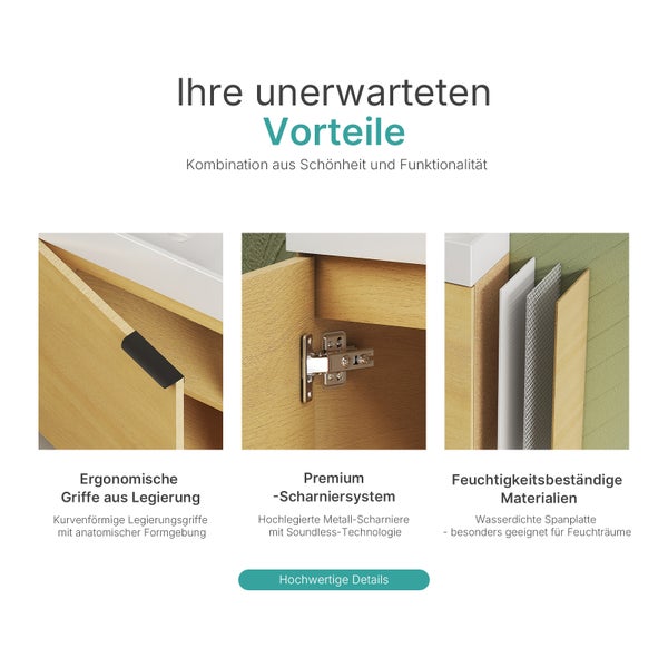 EMKE Waschtisch-Set 41,7 × 24 × 64,6 cm (B×T×H), mit Soft-Close-Funktion, Ablageboden, reversibel, Eiche, für Badezimmer