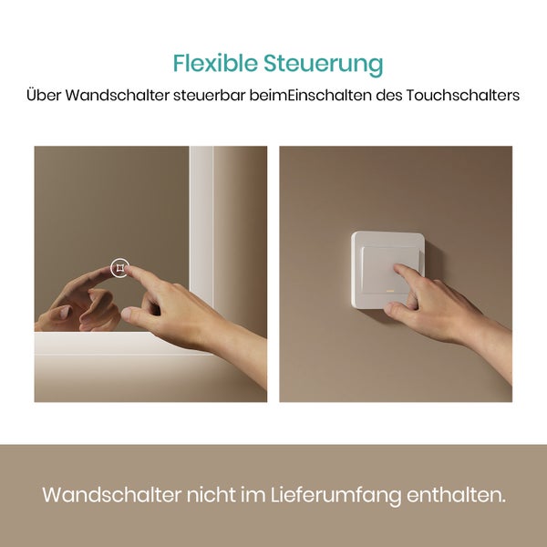 EMKE Badspiegel mit Beleuchtung 70×50 cm, Kaltweiß, Touchschalter & dimmbar, 4 mm rostfreier Spiegel, IP44, horizontal & vertikal montierbar, für Badezimmer