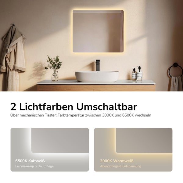 Badezimmer mit beleuchtetem Spiegel, Waschtisch und Accessoires