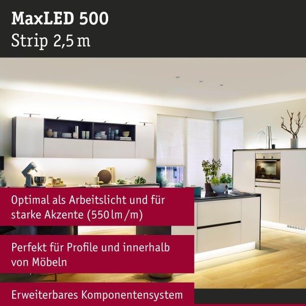MaxLED 500 Strip 2,5 m in einer modernen Küche als Arbeitslicht und zur Akzentbeleuchtung unterhalb von Möbeln.