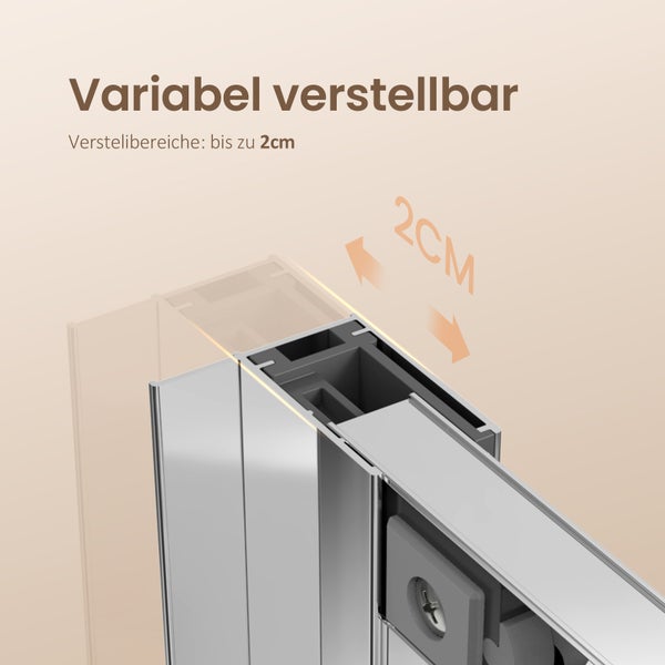Detailansicht einer variabel verstellbaren Duschkabine mit einem Verstellbereich von bis zu 2 Zentimetern