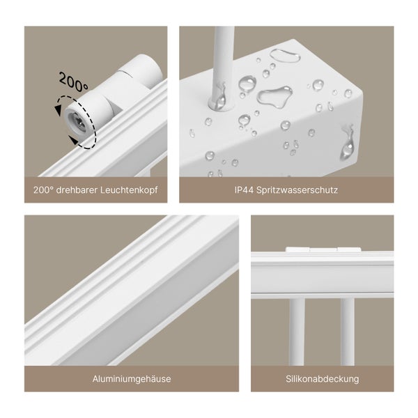 Details der Lampe: 200 Grad drehbarer Leuchtenkopf, IP44 Spritzwasserschutz, Aluminiumgehäuse, Silikonabdeckung
