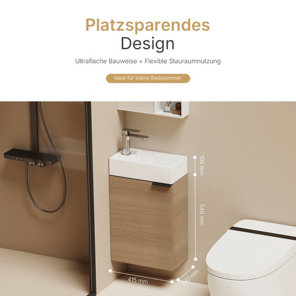 Kompakter Waschtisch mit Unterschrank, Armatur, Spiegelschrank, Duscharmatur und Toilette im Badezimmer mit Maßangaben