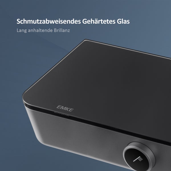 EMKE Duschsystem mit Thermostat 38 °C, Überkopfbrause, Handbrause 3 Strahlarten, unterer Wasserauslass, Verbrühungsschutz, Wandmontage, 114,6×45×48 cm, Anthrazit Matt