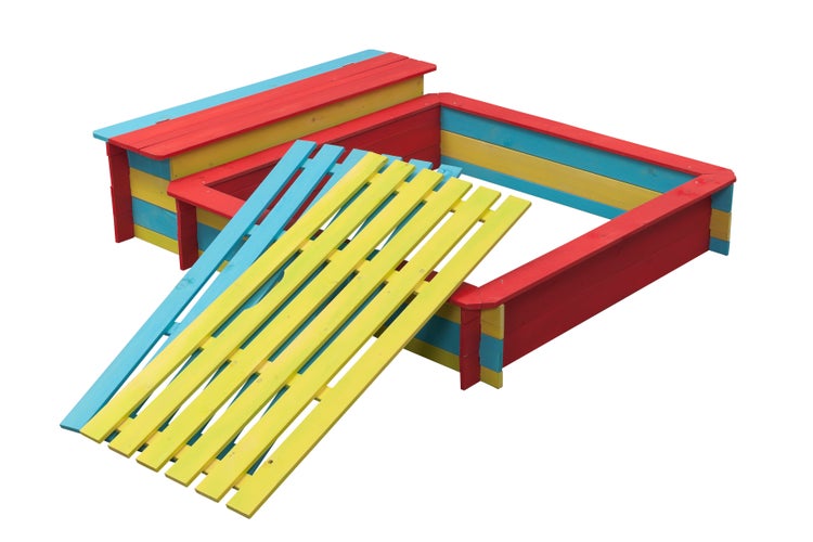 Sandkasten aus Holz mit Abdeckung und Sitzbank