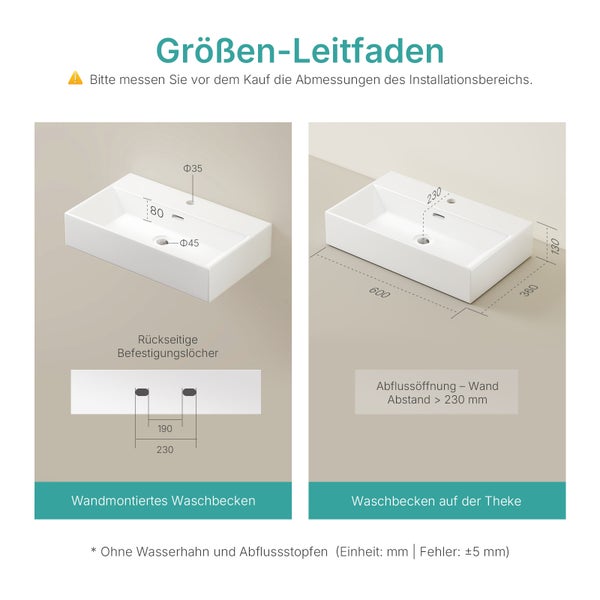 EMKE Aufsatzwaschbecken Keramik 600 x 360 mm, Glänzend Weiß, Mit Hahnloch – Eckiges Waschtisch für Aufsatz- & Wandmontage, für Badezimmer