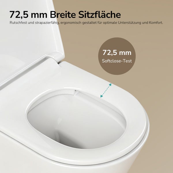 Toilettensitz mit 72,5 Millimeter breiter Sitzfläche. Ergonomisch gestaltet, rutschfest und strapazierfähig. Mit Hinweis auf Softclose-Test.