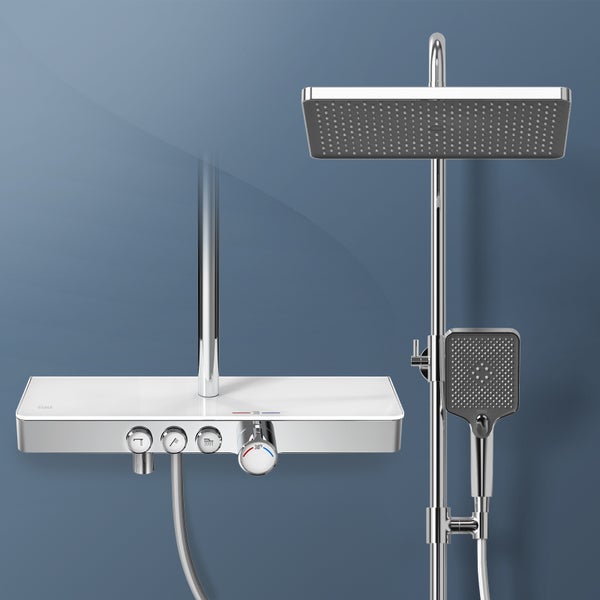 EMKE Duschsystem mit Thermostat 38 °C, 3 Strahlart(en), Überkopfbrause, Handbrause mit 3 Funktionen, unterer Wasserauslass, Verbrühungsschutz, Wandmontage, 114,6 × 45 × 48 cm, Chrom