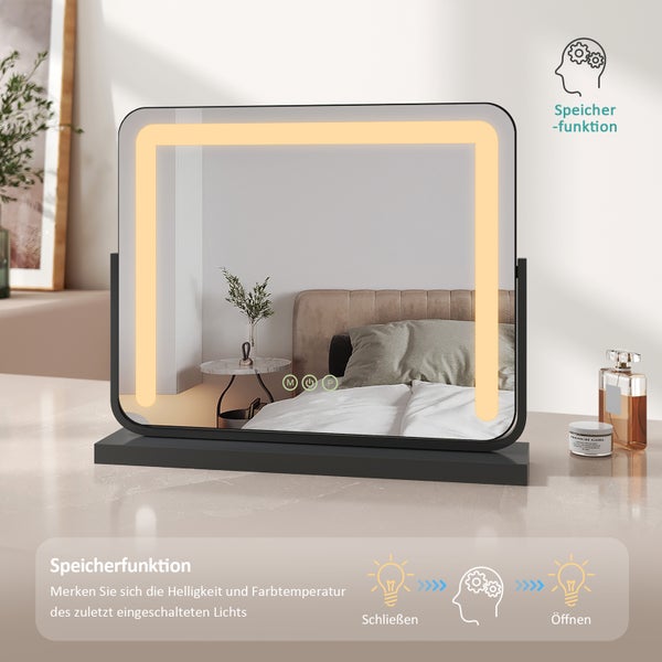 EMKE LED-Kosmetikspiegel, Standmodell mit Touchschalter und Speicherfunktion, dimmbarertischspiegel 60x52cm, Schminktisch-Spiegel 360° drehbar, mit 3 Lichtfarben, netzbetrieben, Schwarz