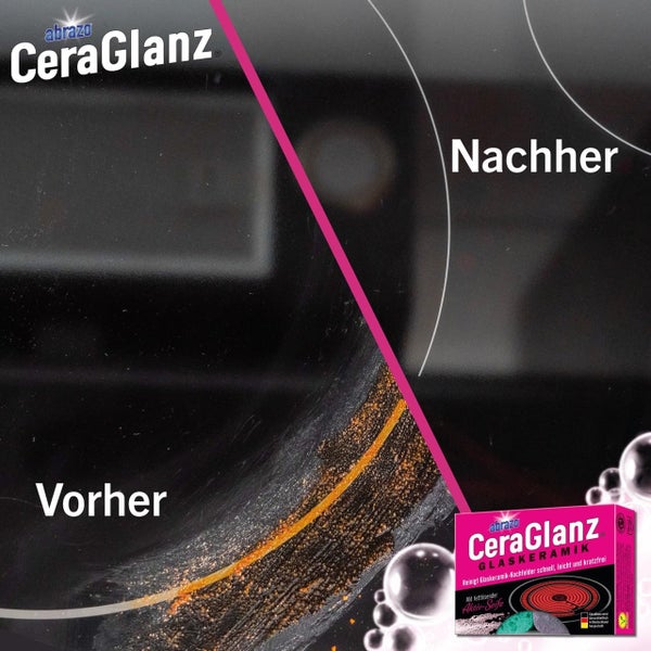 Vorher-Nachher-Vergleich eines Glaskeramik-Kochfelds, gereinigt mit abrazo CeraGlanz.