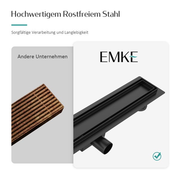 EMKE Logo neben einem Duschablauf aus rostfreiem Stahl mit zwei verschiedenen Designs