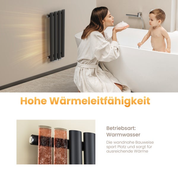 EMKE Badheizkörper 600×240 mm, Designheizkörper, Vertikal, Einzelrohr oval, 177W, Matt Schwarz, für Warmwasserbetrieb, für Bad, Zentralanschluss