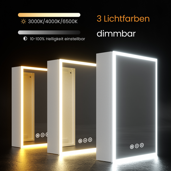EMKE Badspiegelschrank mit LED Beleuchtung, Spiegelschrank mit Steckdose, 3 dimmbare Lichtfarben, Beschlagfrei, Weiß, 50 x 70 cm