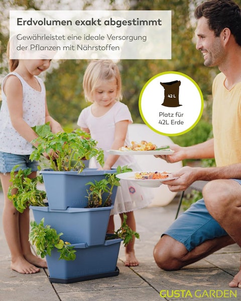 Gusta Garden PAUL POTATO Etagenpflanzer aus Kunststoff für Kartoffeln mit 42 Liter Erdvolumen im Garten mit einer Familie. Gusta Garden Logo.