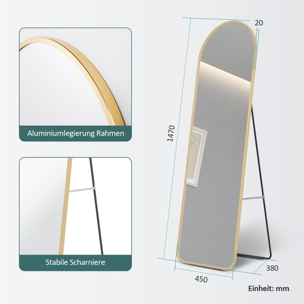 EMKE Bogen Standspiegel Ganzkörperspiegel mit Rahmen aus Aluminiumlegierung für Wohn-,Schlaf-, Aufenthalt und Ankleidezimmer, Gold, 147x45cm