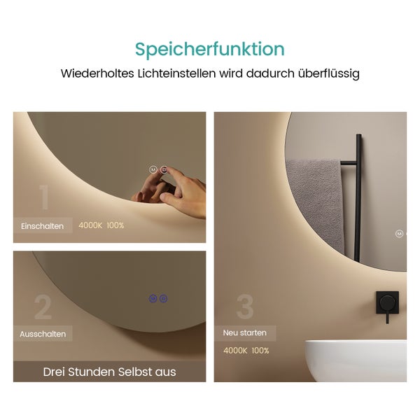 EMKE Badspiegel mit Beleuchtung ф50 cm, 3 dimmbare Lichtfarben, Touchschalter, rostfreies Spiegelglas, schwarzer Eisenrahmen mit Kunstlederband, für Badezimmer