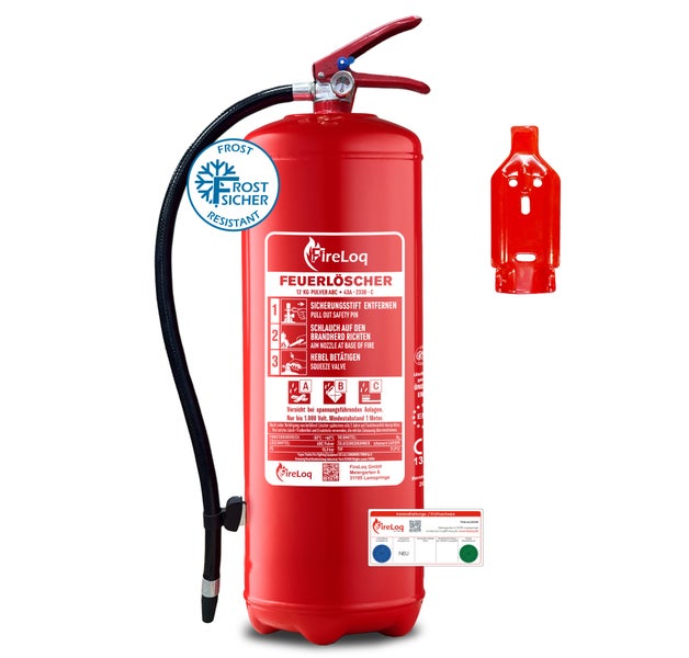 Feuerlöscher Pulver 12 Kilogramm frostsicher inklusive Wandhalterung