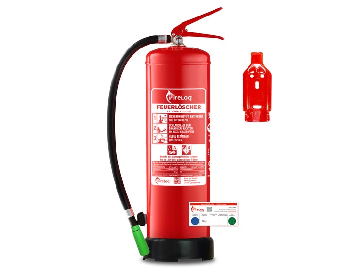 FireLoq Schaumfeuerlöscher mit 6 Litern Inhalt, inklusive Wandhalterung, Schlauch und Instandhaltungsnachweis.
