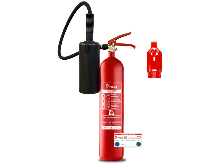 FireLoq Kohlendioxid-Feuerlöscher, 5 Kilogramm, mit Schlauch, Löschdüse, Wandhalterung und Wartungsnachweis.