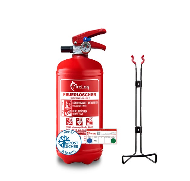FireLoq Pulverfeuerlöscher 2 Kilogramm mit Wandhalterung für Brandklassen A B C frostsicher und wartungsarm