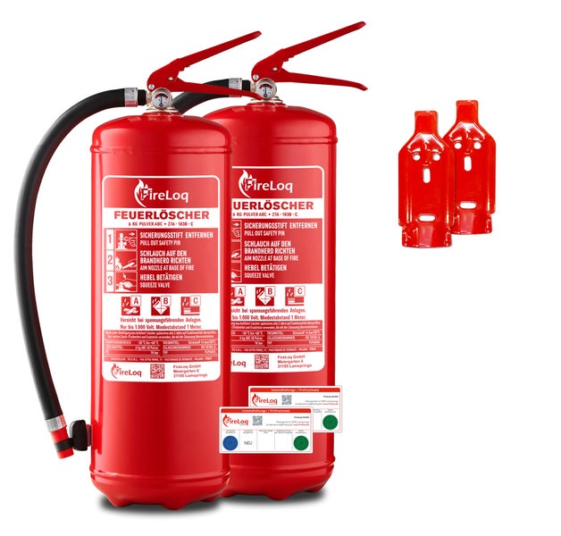 Zwei 6 Kilogramm ABC-Pulverfeuerlöscher von FireLoq mit Wandhalterungen und Instandhaltungsnachweisen.