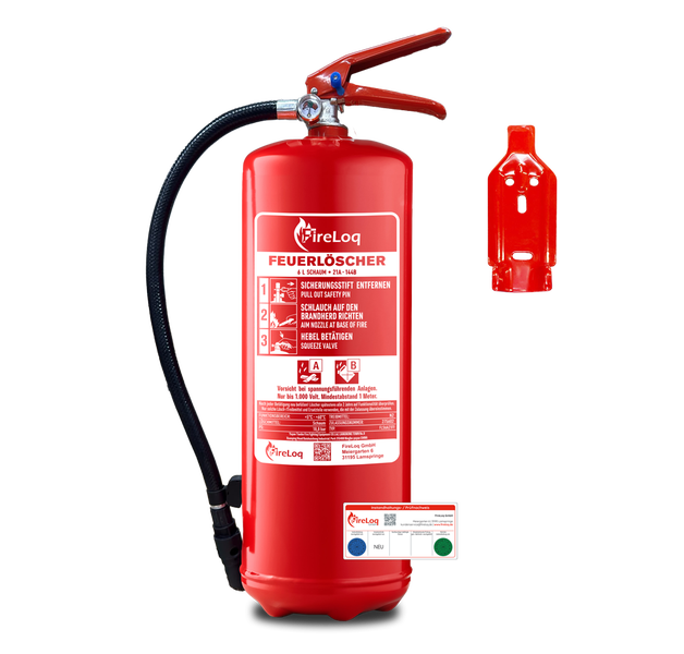 FireLoq Schaumfeuerlöscher mit 6 Liter Inhalt inklusive Wandhalterung und Wartungsetikett
