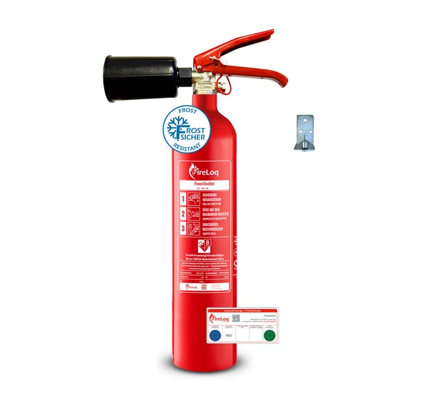Feuerlöscher FireLoq Kohlendioxid, frostsicher, inklusive Wandhalterung.