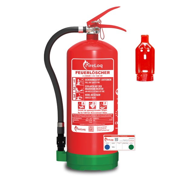FireLoq Schaum Feuerlöscher 6 Liter mit Wandhalterung und Prüfnachweis