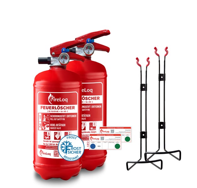 Zwei FireLoq Pulver Feuerloescher mit zwei Kilogramm Fuellung fuer Brandklassen ABC inklusive zwei Halterungen und Pruefaufklebern