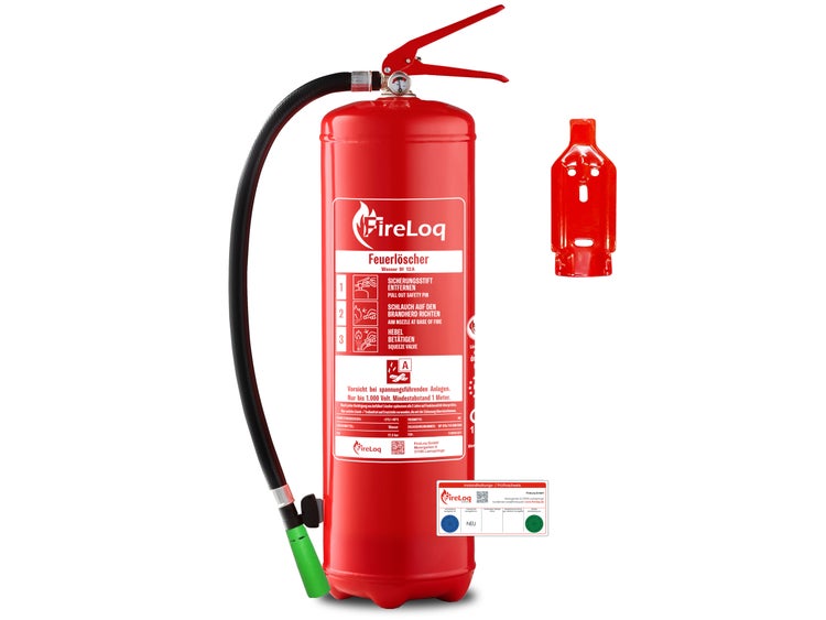 Feuerlöscher mit Schlauch, Manometer, Betätigungshebel und Wandhalterung