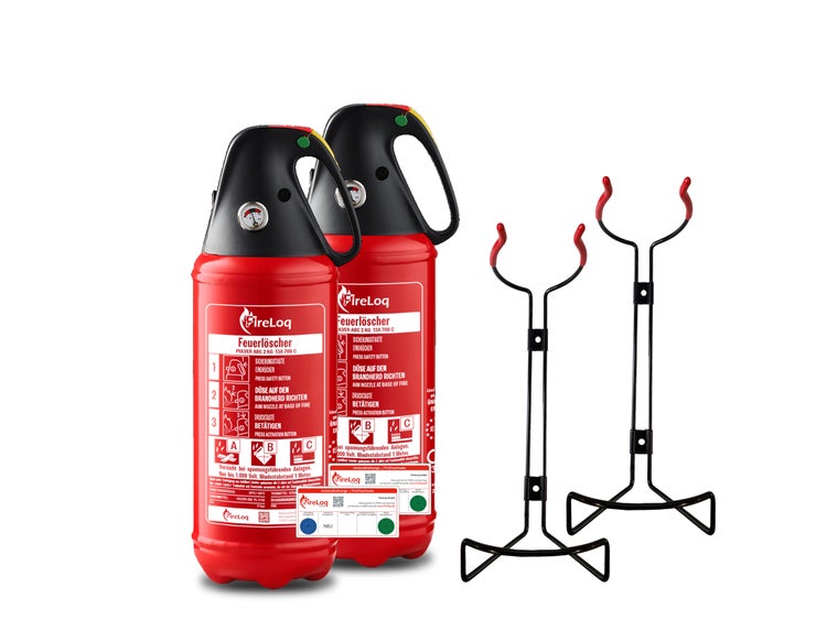 Zwei rote Feuerlöscher mit schwarzem Griff und zwei schwarzen Halterungen mit roten Enden